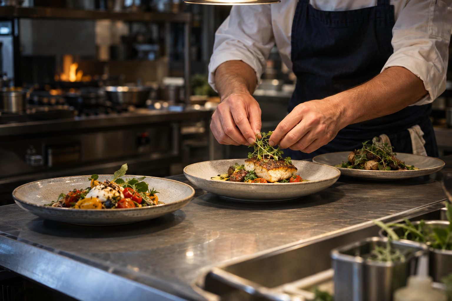A chef plating dishes at the pass