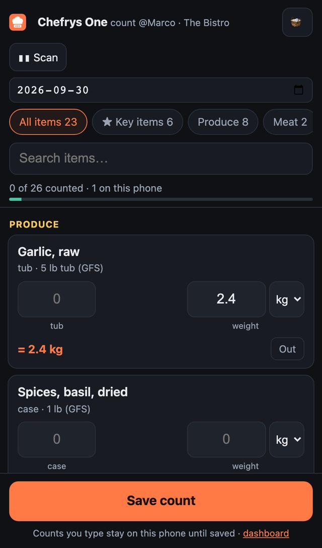 Actual Chefrys One mobile count screen with shelf units, barcode scanning and a Save count button