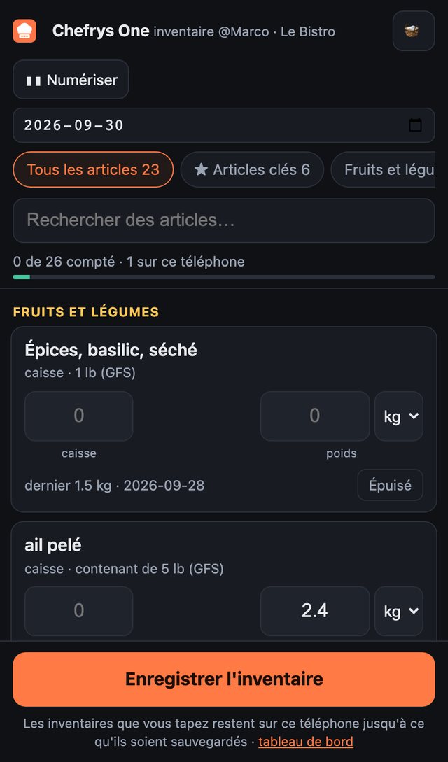 Écran mobile réel de Chefrys One pour l'inventaire, avec unités de tablette, lecture de codes-barres et un bouton Enregistrer l'inventaire