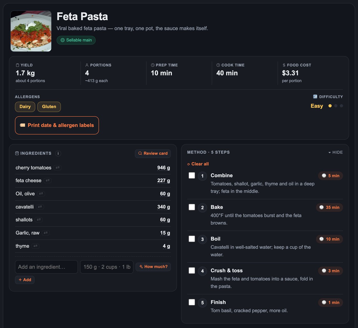 Chefrys One recipe view of a baked feta pasta with ingredients, portion cost, allergens, and timed method steps