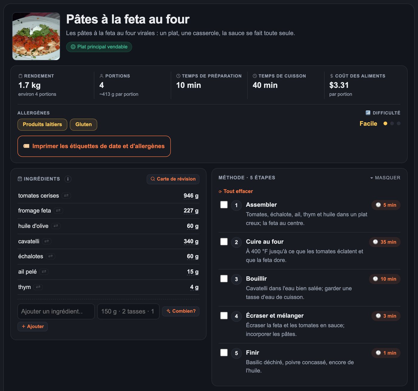 Vue recette Chefrys One d'des pâtes à la feta au four avec ingrédients, coût par portion, allergènes et étapes de méthode chronométrées